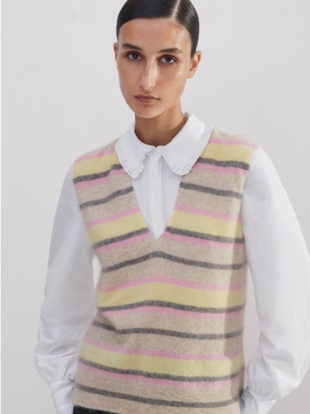 ME+EM Brushed Cashmere Striped V-Neck Sweater Vest in Yellow, Pink and Oatmeal
